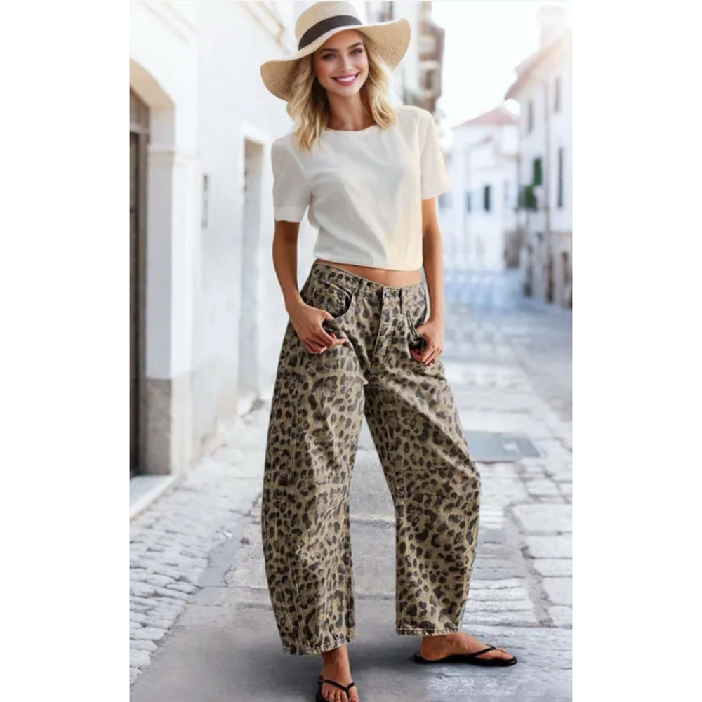 Y2K Leopard Print Seam Detail Mid Rise Barrel Leg Pants 3XL FLAMINGALS